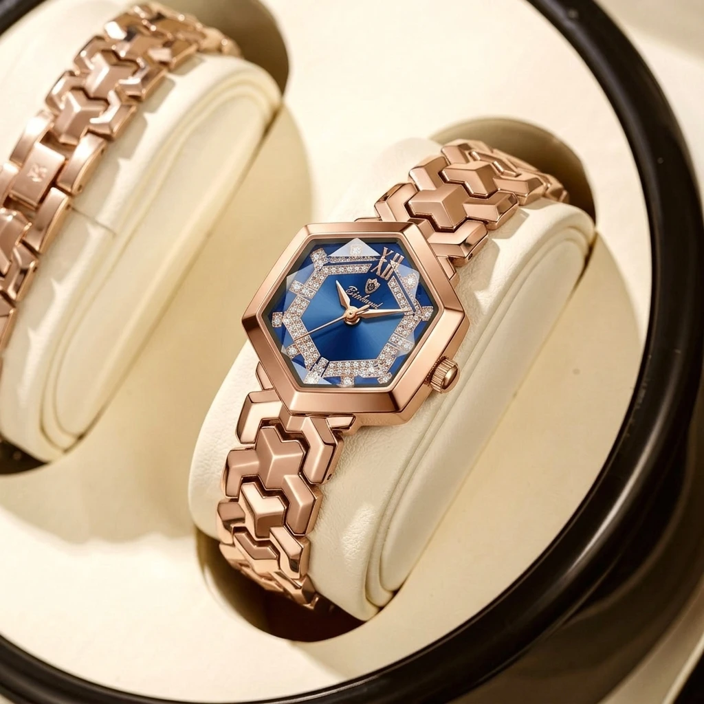4pcs Women's Rose Gold & Blue Metal Elegant Diamond-encrusted Sunglasses Perfume Quartz Watch Gift Box Set for Daily Wear