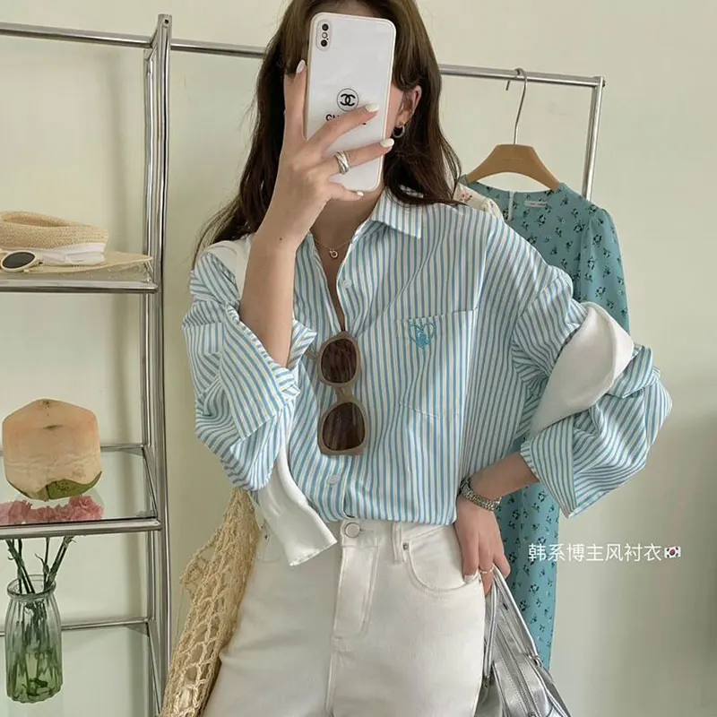 Elegant Fashion Harajuku Slim Fit Women's Clothing Loose Sweat Casual All Match Tops Women Button Stripe Pockets Cotton Blusa