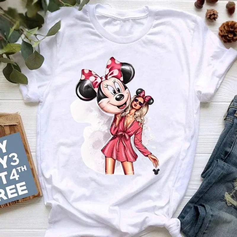 

Новая летняя женская забавная футболка с принтом Микки и Минни Маус, милая модная одежда для девочек, повседневные женские топы, футболка с героями мультфильмов
