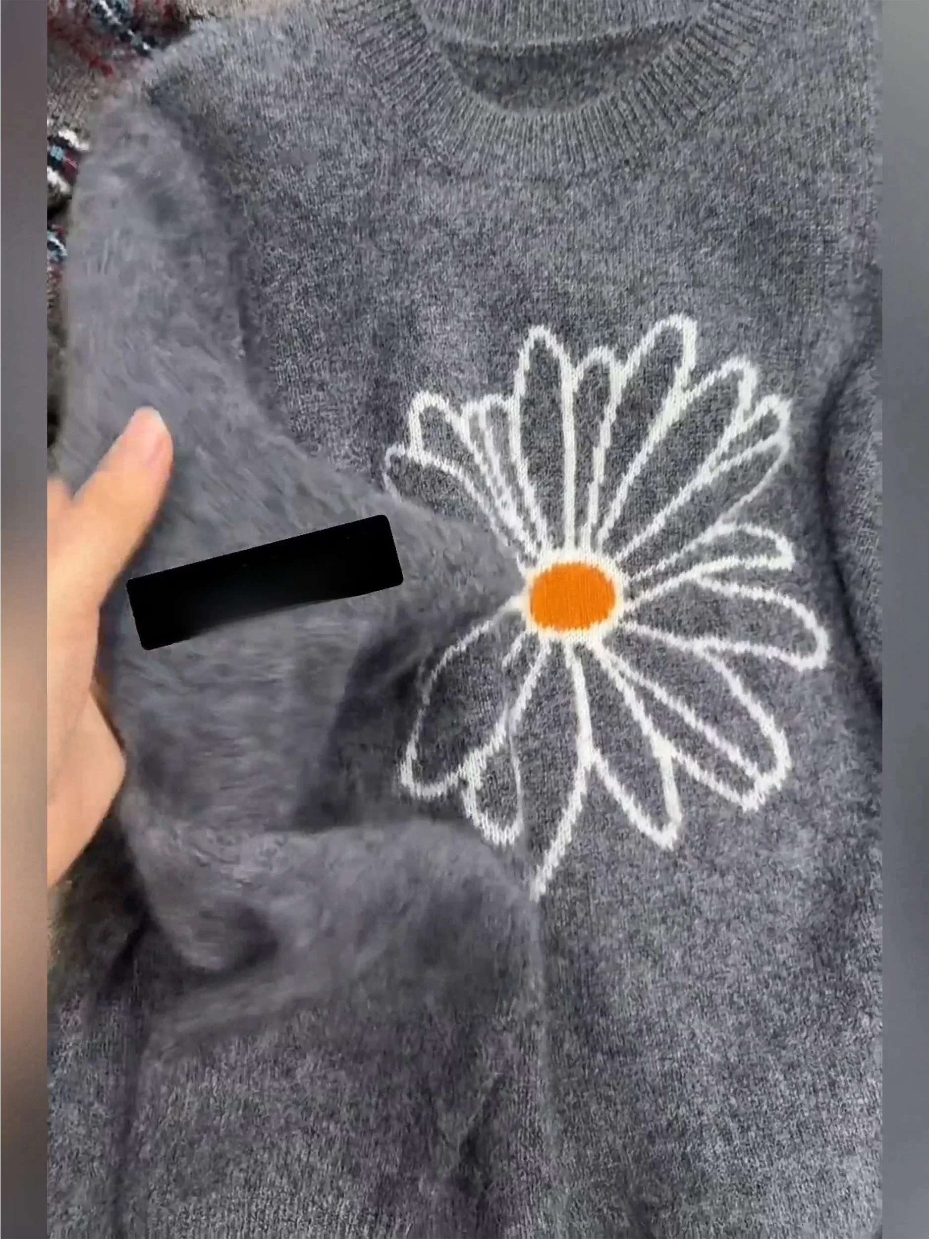Suéter de Punto con Cuello Redondo y Diseño de Margaritas Grises, Estilo Coreano 2026, para Mujer, Corte Holgado, Cómodo, Cálido, Manga Larga, para Uso Diario Informal