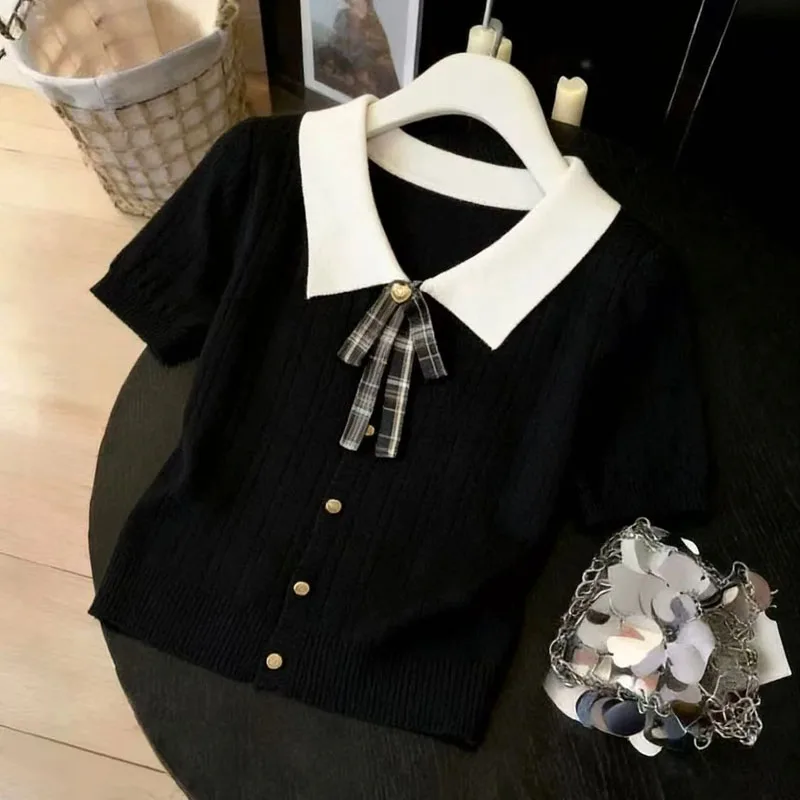 

2026 Sweaters Doll Collar Knitted Sweater Women Pullovers Fashion Summer Short Sleeve Bow Knit Sweater Pullover Women Tops Q4154
