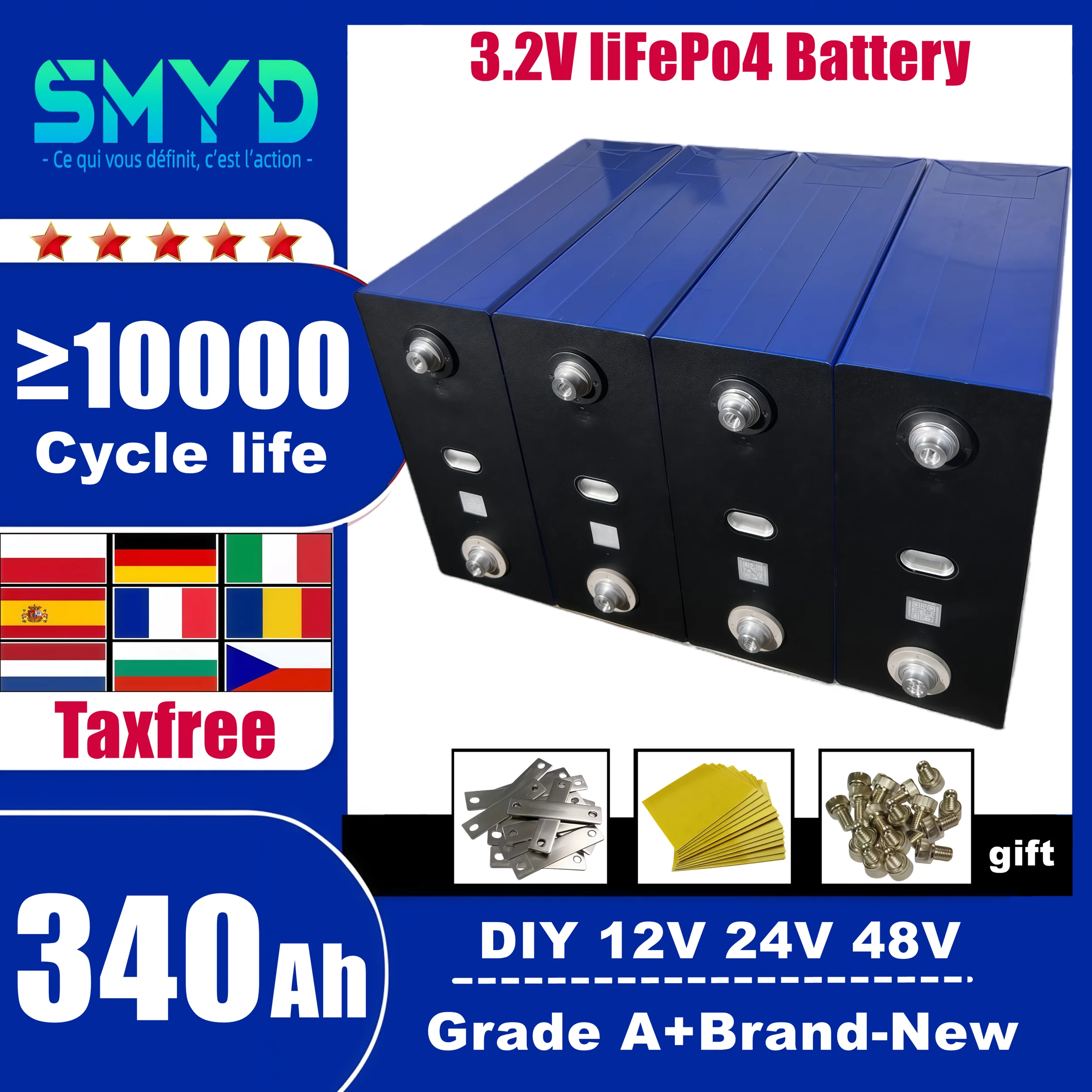 

3,2 В Lifepo4 340ah Сотовый новый класс A 10000 циклов перезаряжаемых устройств DIY 12 В 24 В 48 В Кемпинг RV Электрический автомобиль Гольф Тележка Круиз