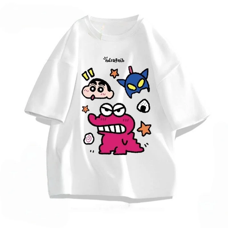 Camiseta Oversize de Algodón con Estampado 3D de Crayon Shin Chan y Collage de Dinosaurios y Personajes, Colección Verano 2026, Casual, Cómoda y Holgada