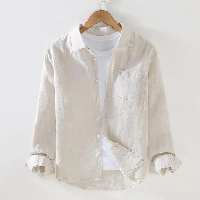 

Men's Linen Shirt Long Sleeve Thin Breathable Summer Season Casual Simple Style Pocket Design Deformable Pure Color Inner Wear