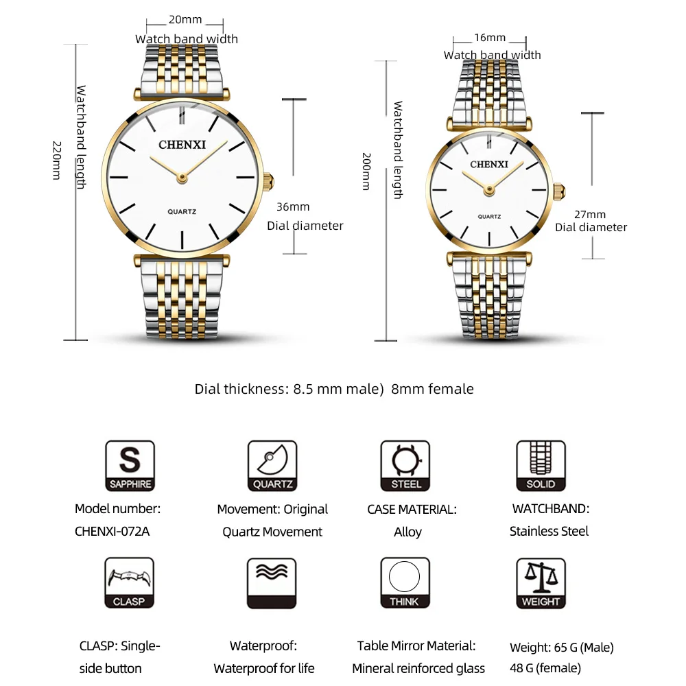 CHENXI 072A Couple Watches Steel Luxury Waterproof Date Quartz Sport Casual Business Quartz Wrist Watch Gift Clock Men and Women