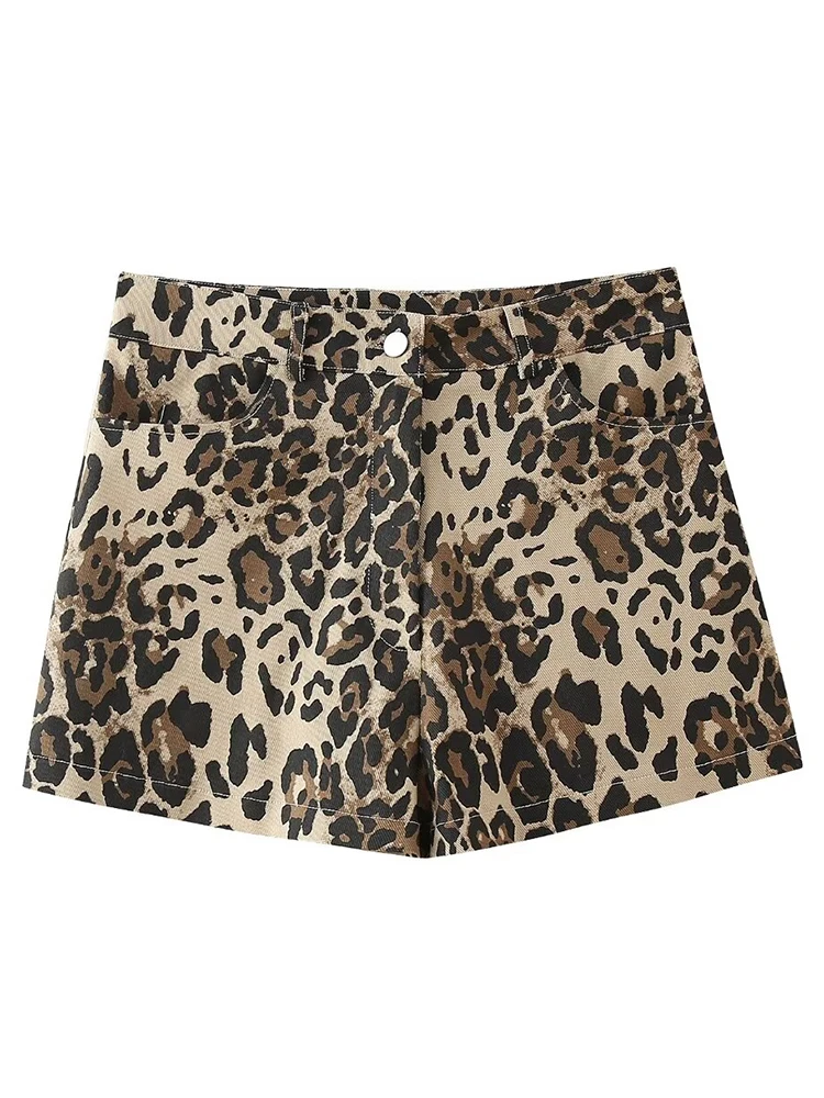 

TRAFZA 2024 Women Retro Leopard Print Short Pants Fashion Dropped Zippers Pocket Button Female Vintage Pants Streetwear