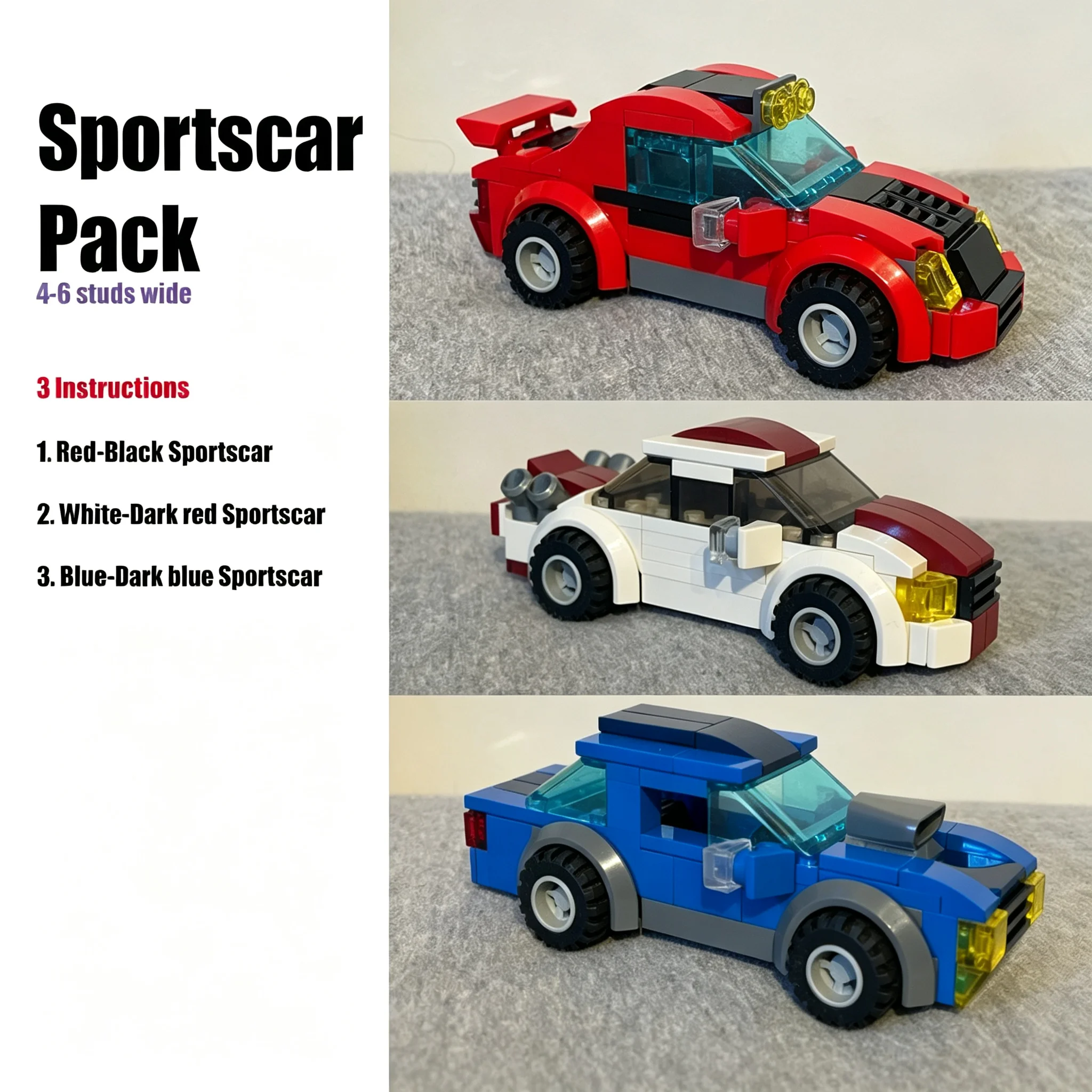 283pcs MOC Cars Sportscar Pack - 4-6 Studs Wide Model Building Blocks Toys Construction Christmas Gifts Birthday Art Creative 3D