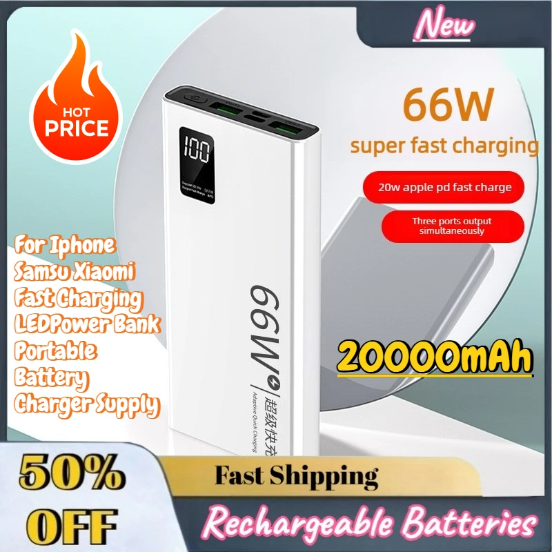 

2026 Large Capacity 66W 20000mAh Powerbank For Iphone Samsu Xiaomi Fast Charging LEDPower Bank Portable Battery Charger Supply