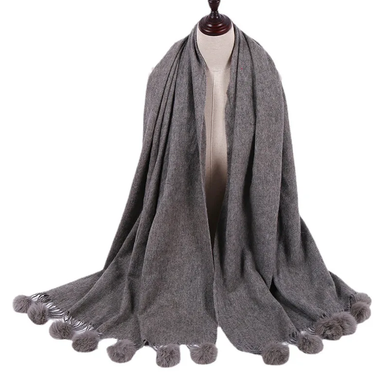 Winter Cashmere Wool Pashmina Scarf Muffler Woman Autumn Winter Wool Shawl with Real Rabbit Fur Pompom Tassel