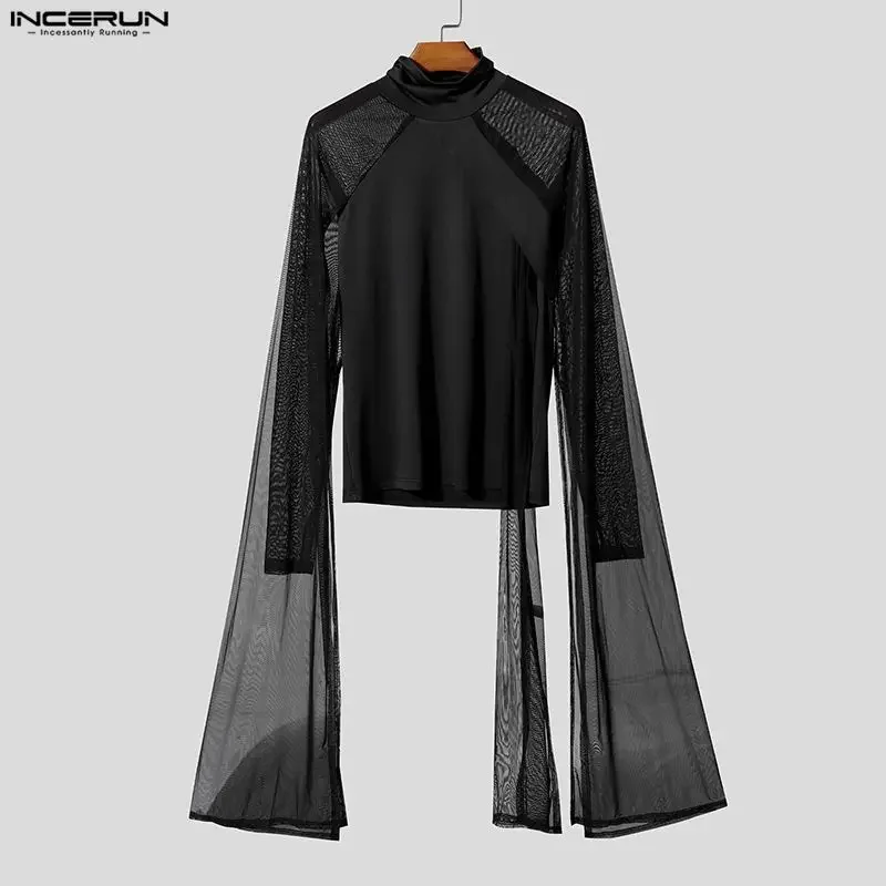 INCERUN Men T Shirt Mesh Patchwork See Through Turtleneck Flare Long Sleeve Men Clothing Sexy Fashion Party Male Tee Tops S-5XL