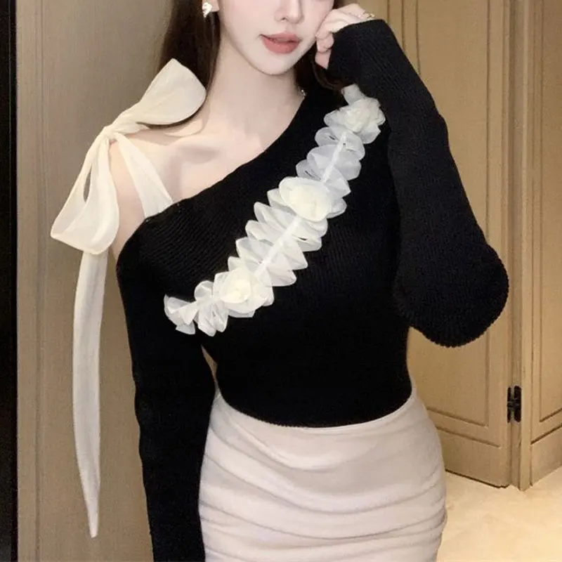 

Hotsweet Skew Collar T-shirt Spring Autumn Stylish Drawstring Bow Female Sweet Floral Three-dimensional Slim Knitted Pullovers