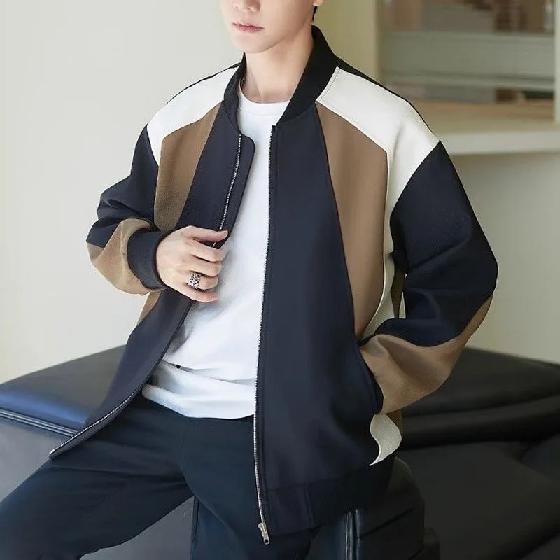 Spring and Autumn Fashion Trend High End Wrinkle Resistant Panel Contrast Loose Versatile Casual Round Neck Men's Baseball Coat