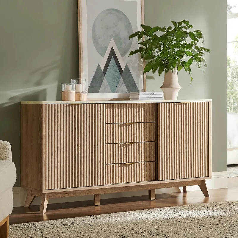 

home.60" Fluted Dresser with Sliding Doors and 4 Drawers, Modern Chest w/Faux Marble Top, Curved Profile Design, Dresser