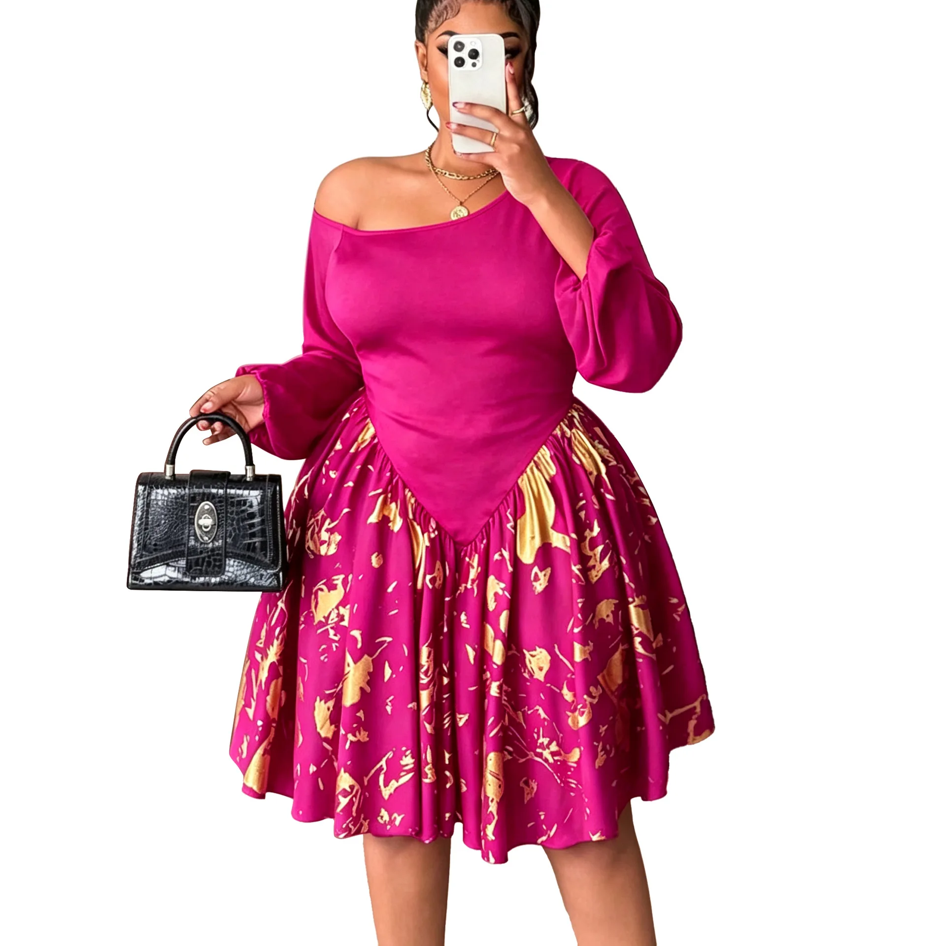 8254 Women's 2026 Autumn/winter New Lantern Long Sleeve Waist-cinching Pleated Patchwork Elegant Clothes Luxury