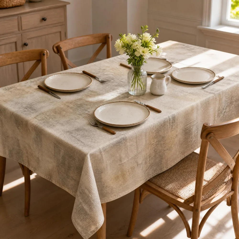 Light Khaki Vintage Plaid Texture Rectangle Tablecloth Minimalist Neutral Decorative Table Cover for Dining Kitchen Home Decor
