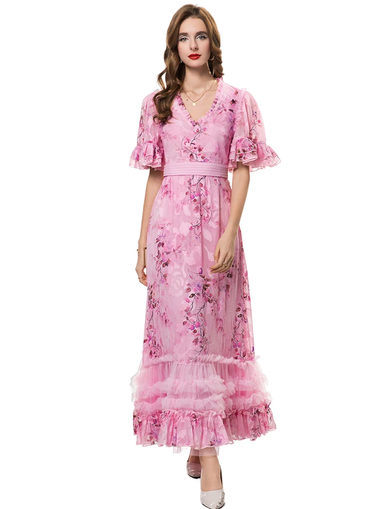 DSXDFACAIRIJ المرأة خمر الجاكار فستان طويل الخامس الرقبة مضيئة الأكمام الكشكشة الأزهار طباعة الصيف موضة الحفلات الإناث