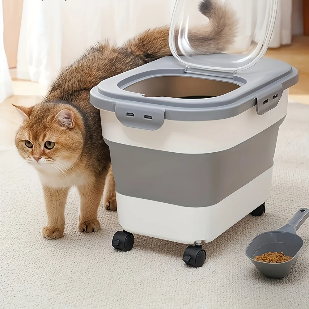 

Large Capacity Square Plastic Pet Food Storage Container with Wheels - Closed Seal, Moisture and Insect Resistant, Foldable, Measuring Cup for Cat and Dog Dry Food