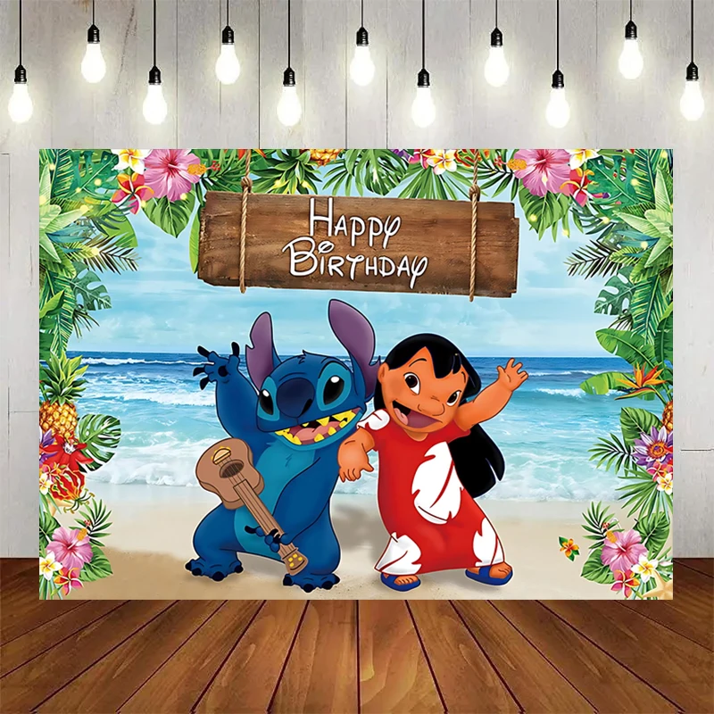 1set Cartoon Lilo&Stitch Theme Party Backdrops Kids Birthday Party Photo Decoration Photography Ocean Flower Background Decor