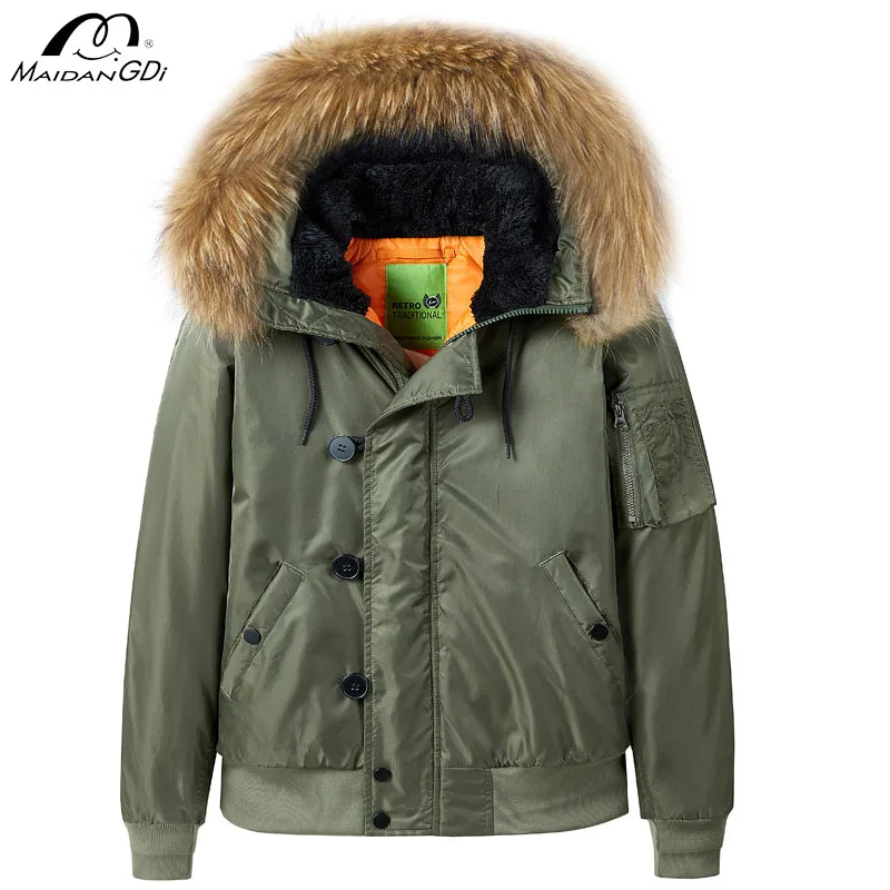 MaiDangDi Men's Retro Flying Cotton Jacket Loose Workwear Hooded Jacket American Thick Fur Collar Baseball Jacket Winter Cotton