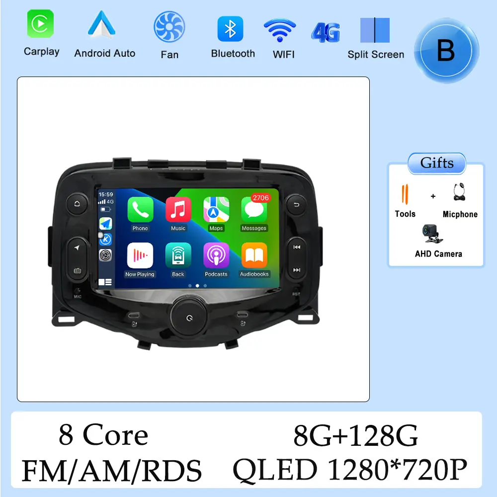 Carplay HD Scherm Autoradio Multimedia Speler voor Toyota Aygo Peugeot 108 voor Citroen C1 2014 - 2021 DSP Stereo GPS Navi WIFI