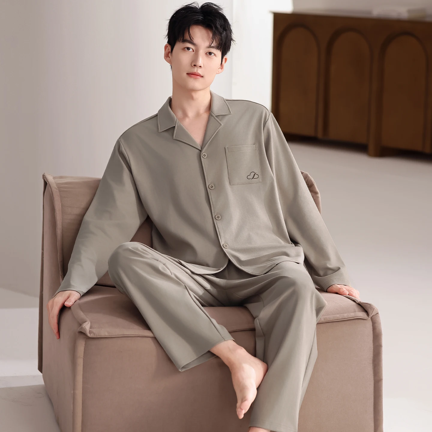 Lapel Cardigan Tops+Long Pants 2pc/set Men Pure Cotton Pajamas Sets Autumn Casual Tracksuit Pyjamas Male Big Yards Pijama Hombre