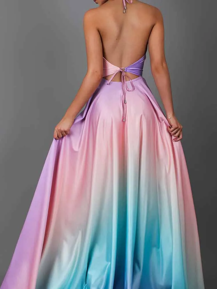 

Женское летнее платье с градиентным принтом, повседневное, с высокой талией, плиссированное, вечернее, модное, с открытой спиной, расклешенное, длинное, для женщин