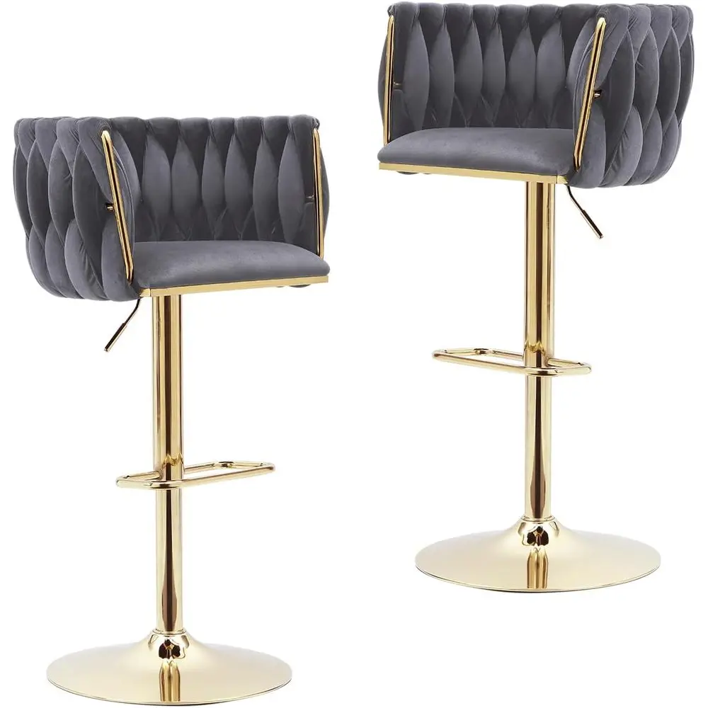 

Set of 2 Velvet Swivel Bar Stools with Woven Back and Footrest for Kitchen Island or Pub (Grey)