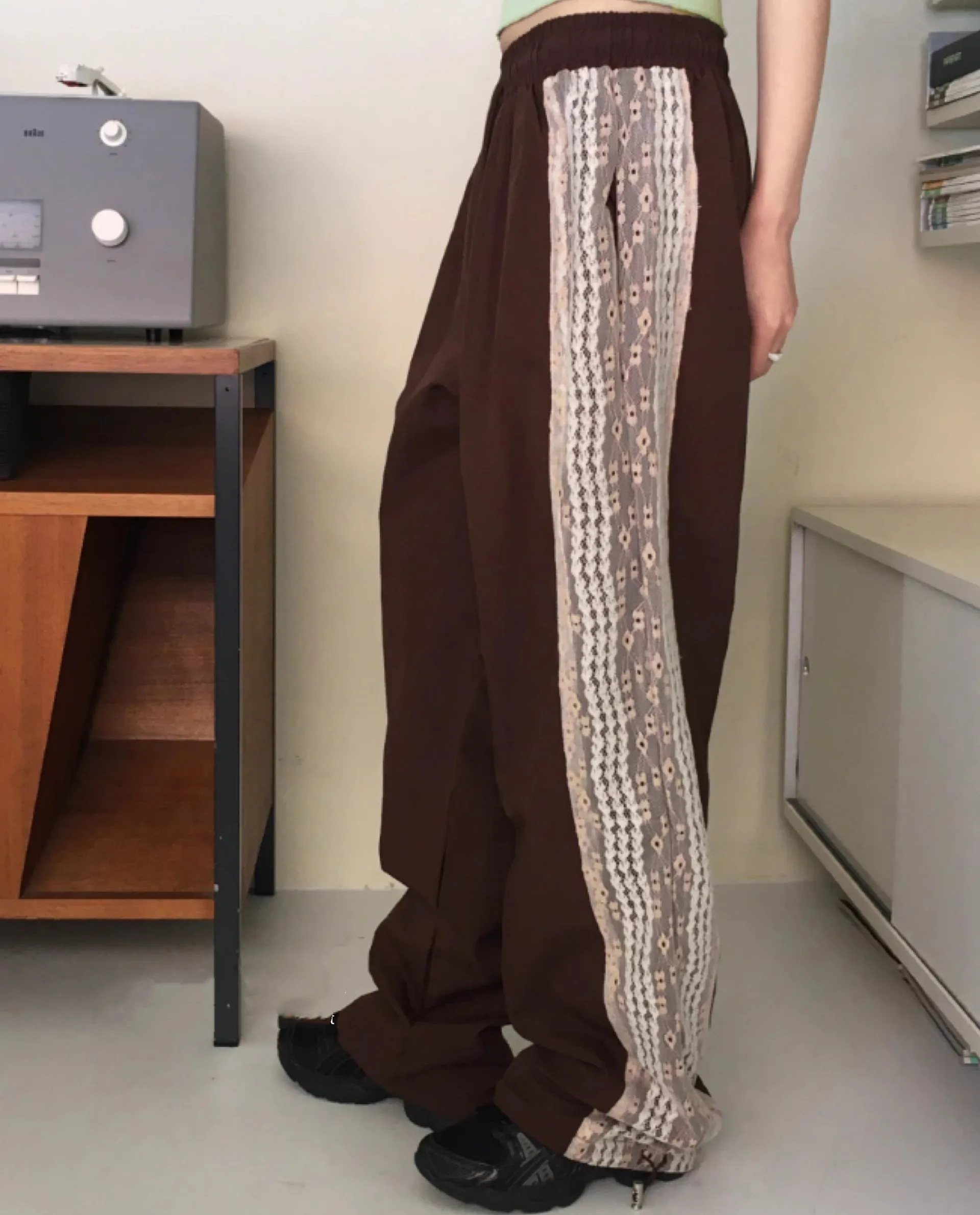 레트로 레이스 스플라이싱 와이드 레그 캐주얼 바지 하이 웨이스트 롱 나일론 여성 전용 디자인 편안한 출퇴근 스타일