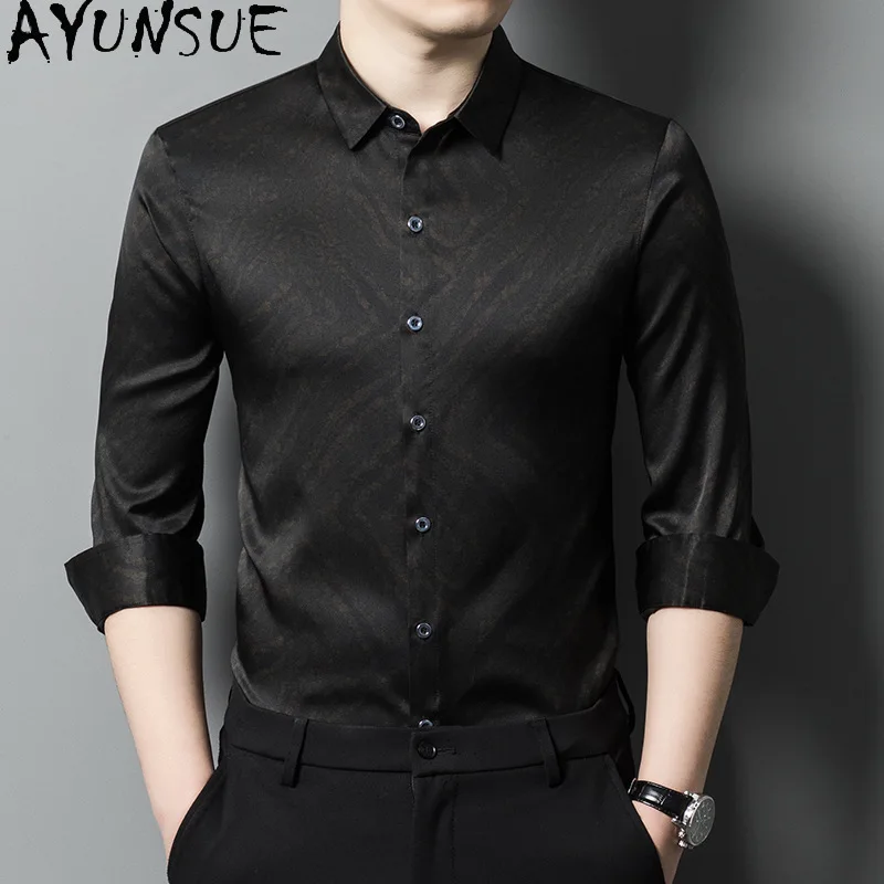 AYUNSUE 92.5% Natural Mulberry Silk Shirts for Man High Quality Long Sleeve Shirts Men Clothing 2026 Spring Autumn Printed Shirt