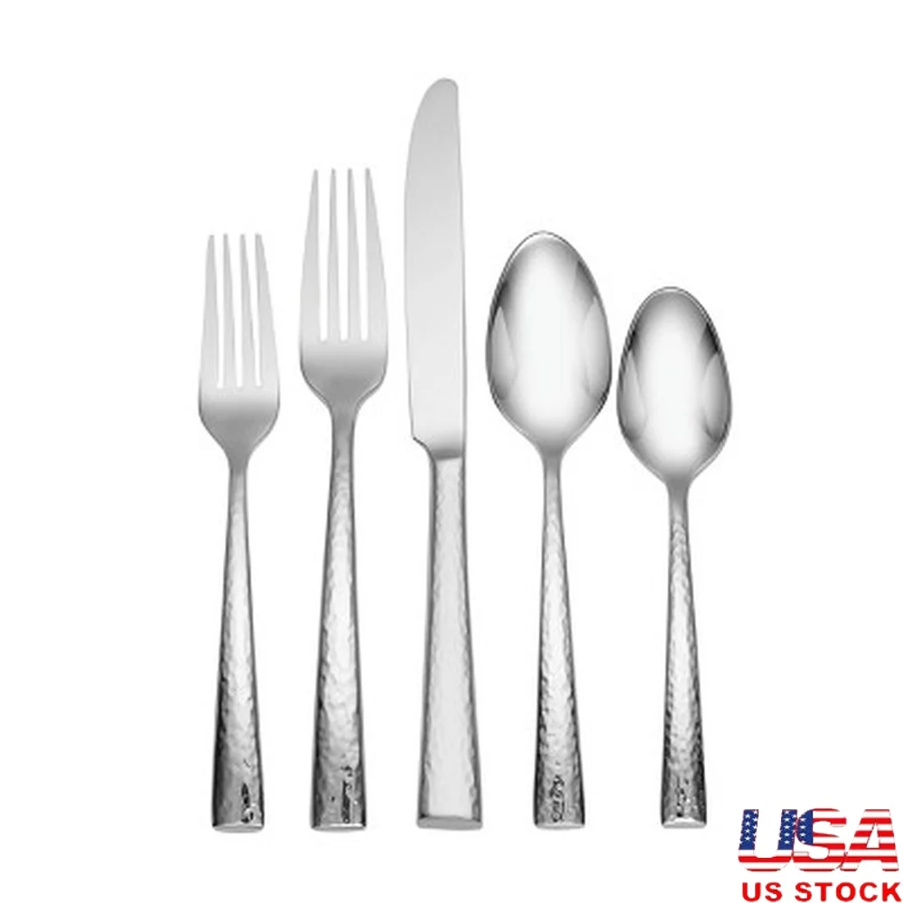 

Набор столовых приборов премиум-класса с кованым покрытием, 20 шт., из нержавеющей стали, тяжелый вес, деревенский дизайн, можно мыть в посудомоечной машине, 4 предмета для столовой