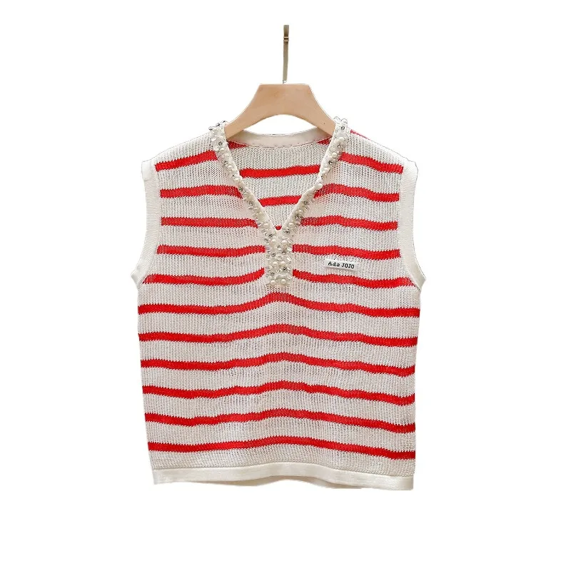 Shenzhen High-end Women's Clothing Summer New Style Stylish Trendy Color-blocking Striped Beaded V-neck Sleeveless Knitted Vest