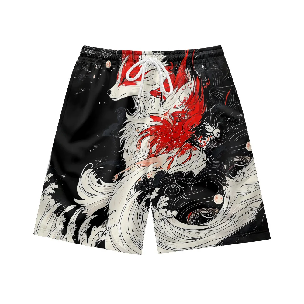 

Японские пляжные шорты для плавания с 3D принтом в стиле Харадзюку, быстросохнущие винтажные шорты с лисой на шнурке, модные летние шорты 2023 г.