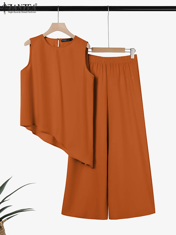 

ZANZEA Fashion Women Pant Sets 2025 Summer Long Two-piece Outfits Casual Sleeveless Asymmetrical Tops Elastic Waist Pantalons