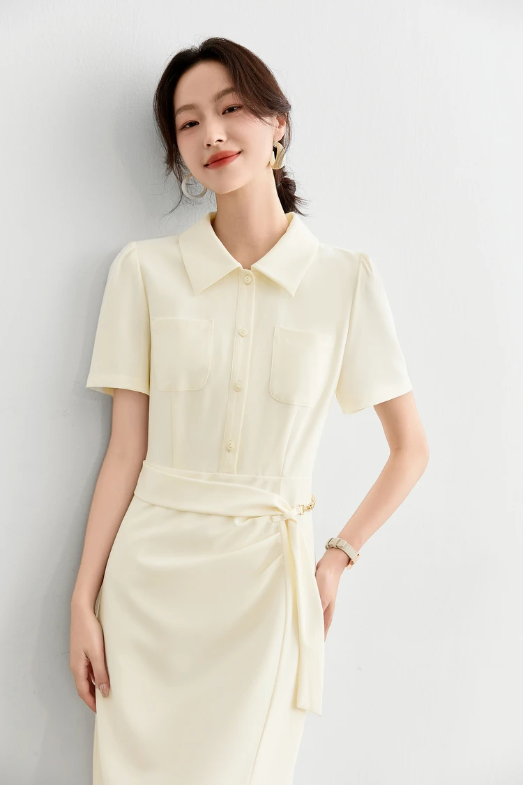 

SENTUBILA Women's Summer Shirt Collar Dress 2025 Woman Bubble Sleeve Metal Chain Dresses Simple Pocket Design Clothing Q52LA2058