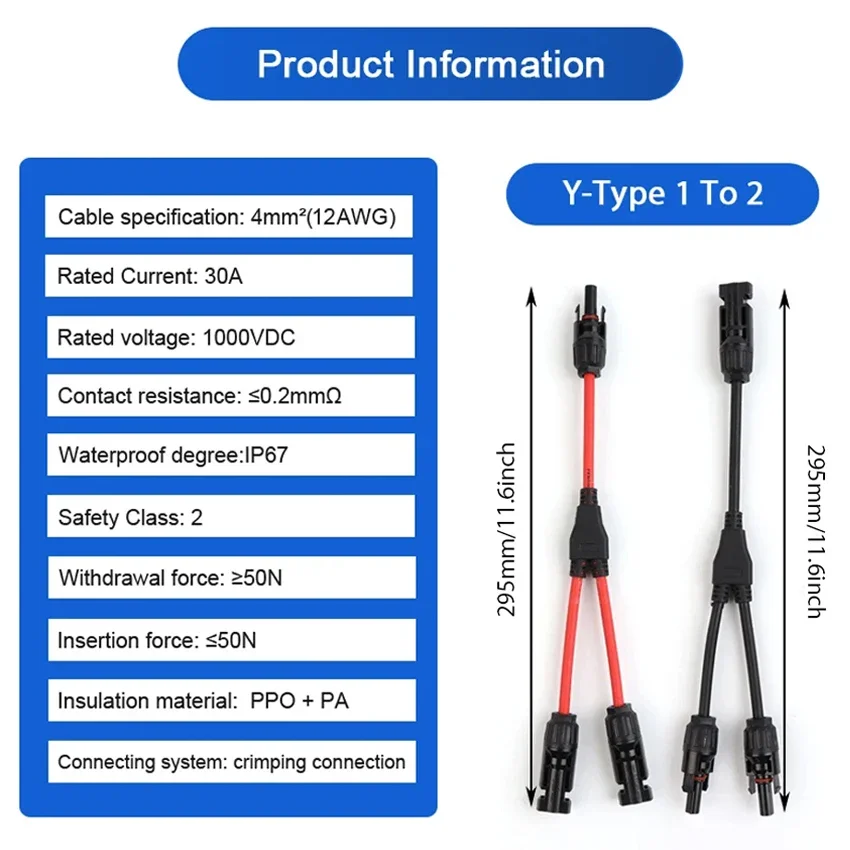 2 to 1 Y Branch Solar Parallel MC Connector 4mm2 1000V Solar Cable Photovoltaic System Male To Female Plug Connector 1 Pair