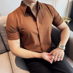 Men Short Sleeve Shirt 2024 Summer Thin British Style Solid Color Casual Elastic Slim Fit Formal Shirt High-quality Men Clothing