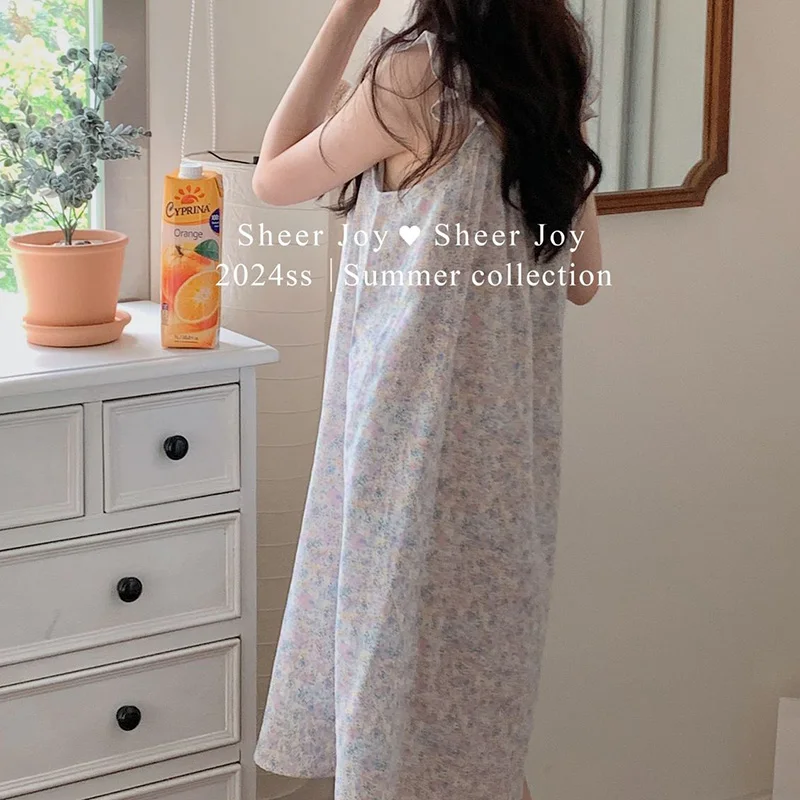Kawaii Cute Pure Cotton Korean French Angela Series Sleeveless Print Dress for Women's Home Wear Nightgowns Sleepwear