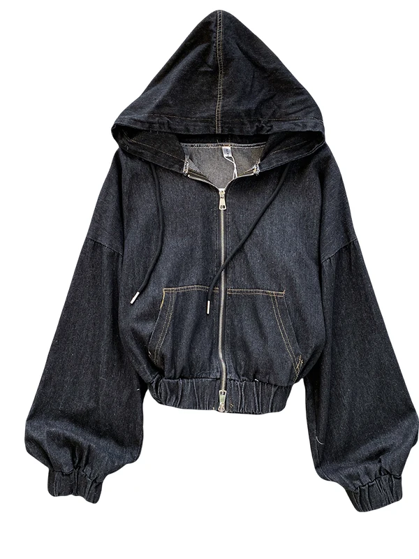 Retro Hong Kong Sle Women's Casual Loose Fit Denim Jaet with Hood Waed Slimming Top for Spring Autumn New Arrival