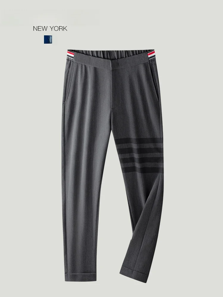 

THOM BEAUN Men's Busin Casual Straight Leg Pants Silk Smooth Ethnic Wear Summer Four Stripes Long Trousers