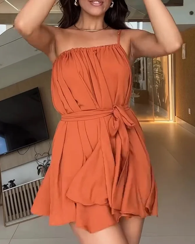 

Beach Dress Woman Summer Fashion One Shoulder Asymmetrical Hem Ruffles Loose Mini Dress Women Casual A Line Loose Vacation Dress
