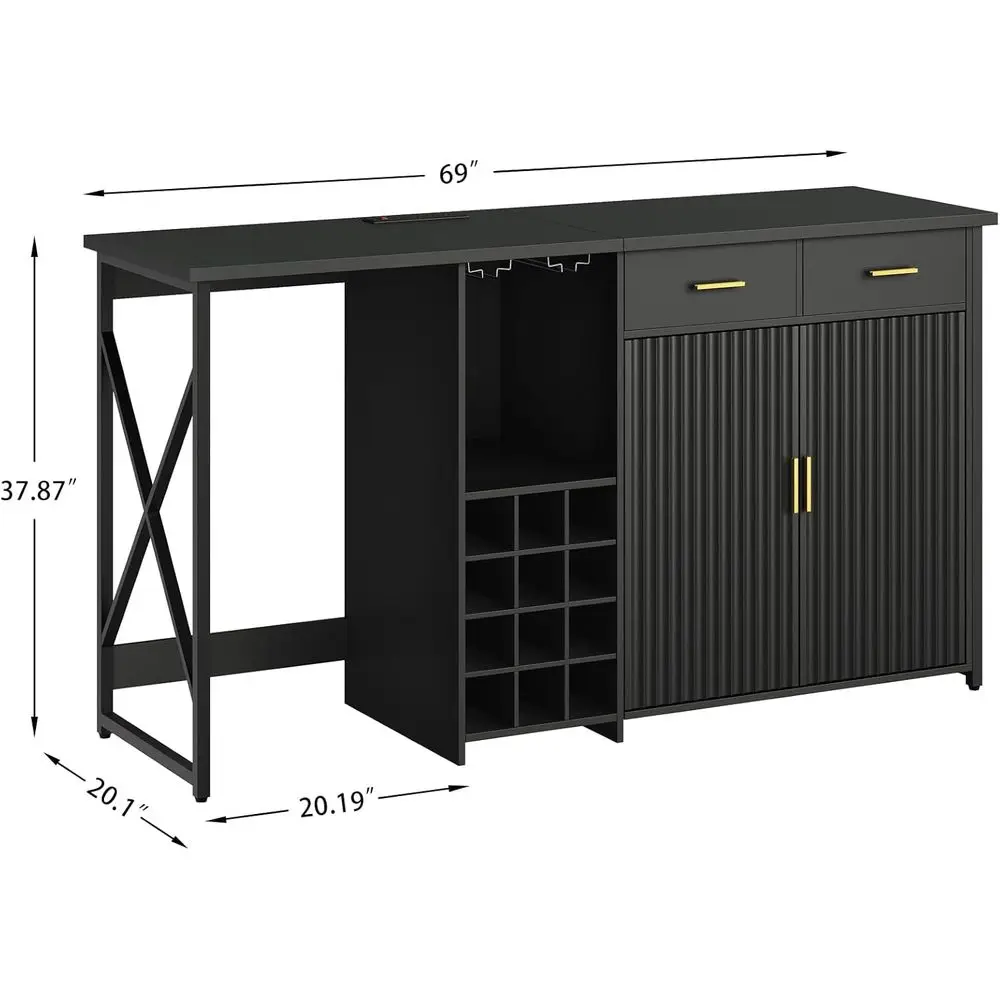 コンパクト冷蔵庫 バーキャビネット コーヒーエリア付き ワインクーラー ラックと引き出し付き 多目的収納スタンド ブラック KH06MRB