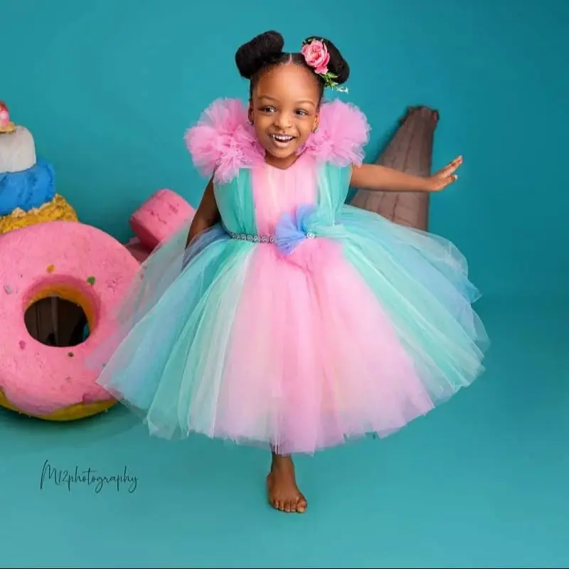 فساتين عيد ميلاد للفتيات من قوس قزح من التول مخصصة، فستان فتاة الزهور المطرز لحفلات الزفاف لالتقاط الصور