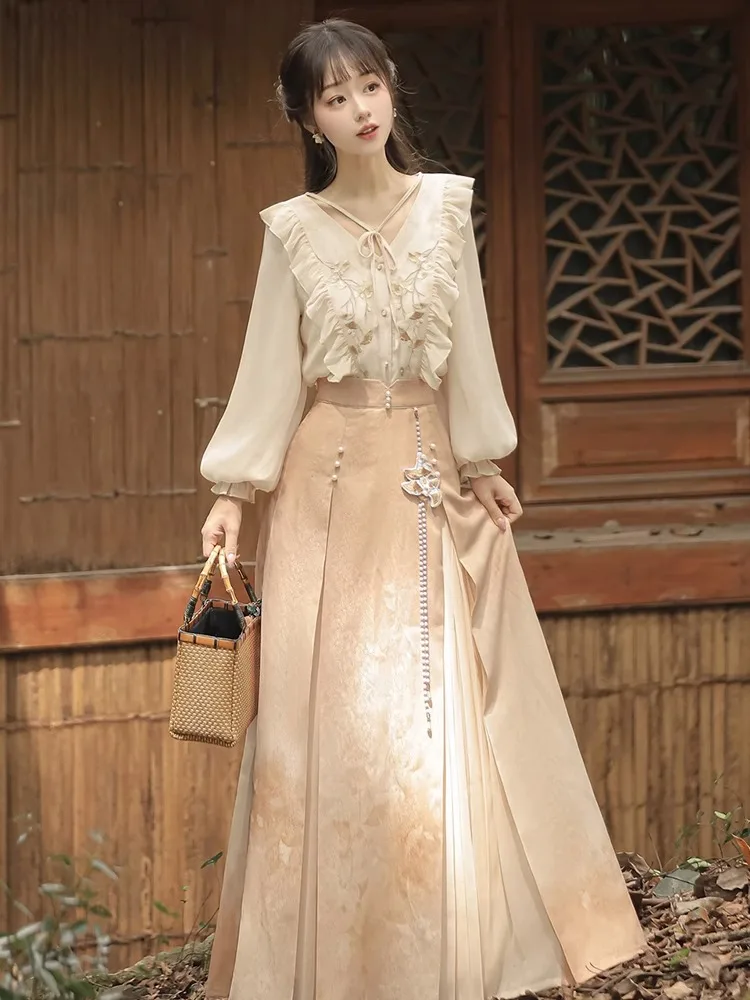 Hanfu-Ensemble trois jupes plissées pour femmes, robe chinoise haut de gamme, améliore les éléments Han quotidiens, nouveau style chinois, printemps et automne