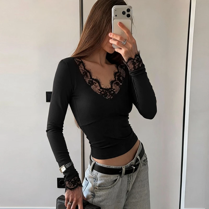 Hugcitar Fashion V-Ausschnitt, einfarbig, langärmelig, mit Spitze, sexy Crop-T-Shirt, Top, passend für Herbst, Damenbekleidung, Party, Nachtclub, T-Shirts – Detail 21