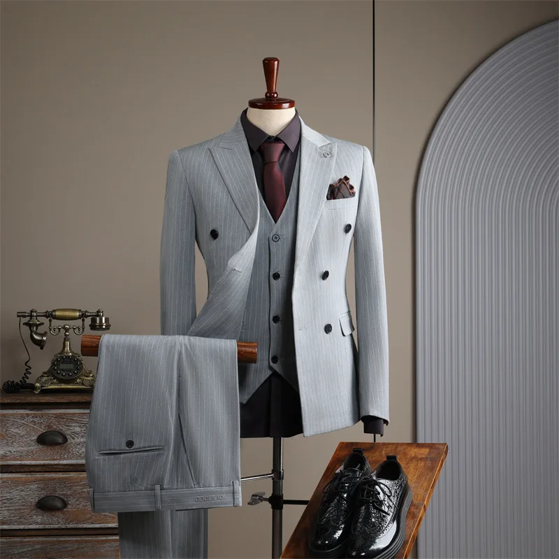 (19) Custom 2024 Double-breasted Striped Suit for Men, Casual Groom Wedding Dress, Business Slim Suit for Men