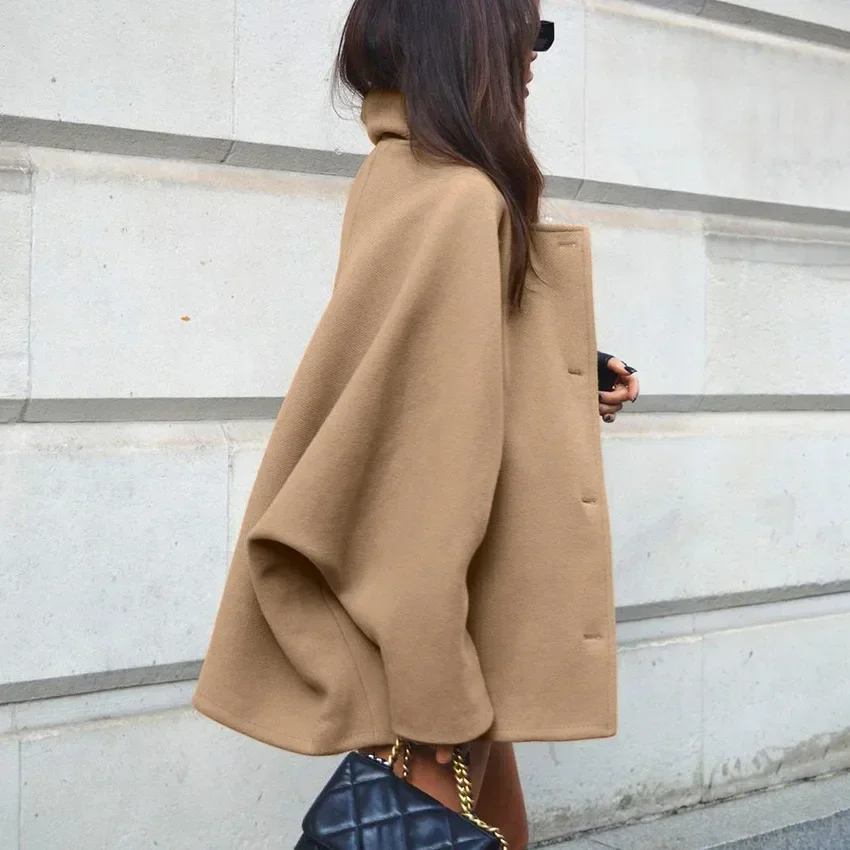 2024 New in Outerwears Trench Coat for Women Batwing Sleeve Long Coat Winter Woolen Cloth Trench Brown Lapel Mid Long Jackets