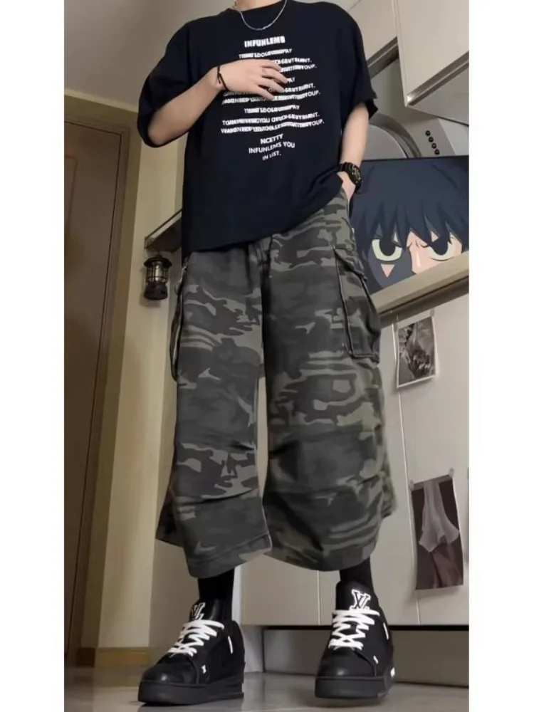 Japanese Retro Camouflage Workwear Shorts Men's Straight Wide Leg Pleated Cropped Cargo Pants Harajuku Functional Multi Pockets