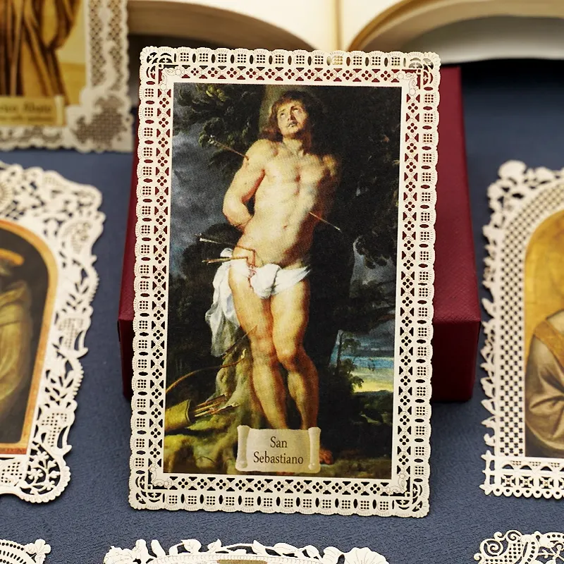 Tarjeta decorativa cristiana católica de encaje sagrado, San Sebastian, 7x11cm, marcapáginas, figuras religiosas de Cristo, regalo de iconos