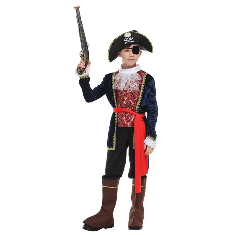 Kids Child One Eye Deluxe Pirate Captain Hook Buccaneer Costumes for Boys Halloween Carnival Masquerade Mardi Gras Party Outfit