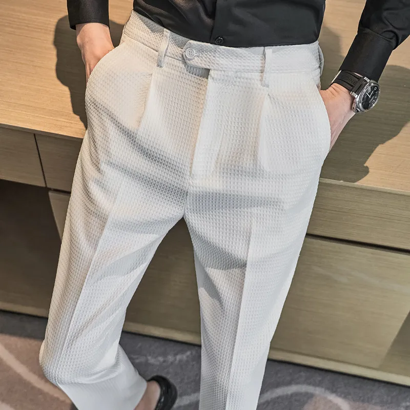 

2023 Autumn New Waffle Business Dress Pants Men Elastic Waist Casual Suit Pant Classic Slim Office Social Trousers Costume Homme